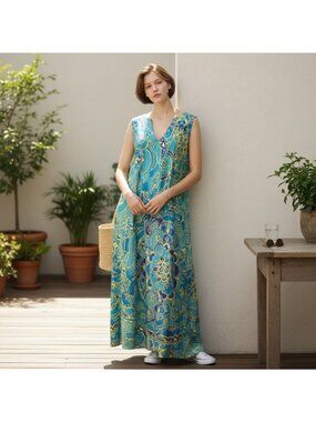 Vintage Womens 3XL Maxi Dress Sleeveless Vibrant Green Blue Yellow Floral Shift